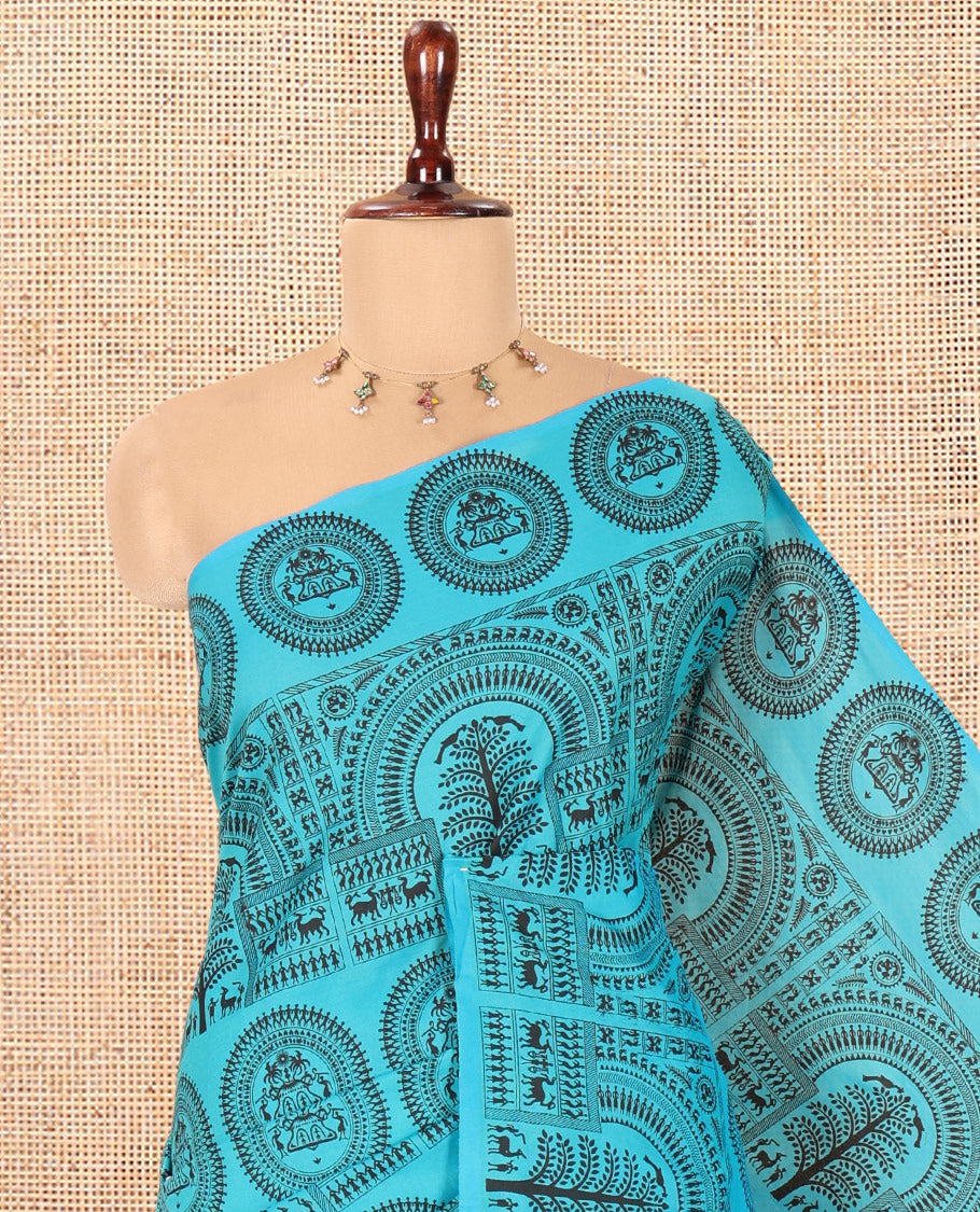 Borderless Blue Warli Printed South Cotton Saree, Printed Pallu and a Matching Blouse