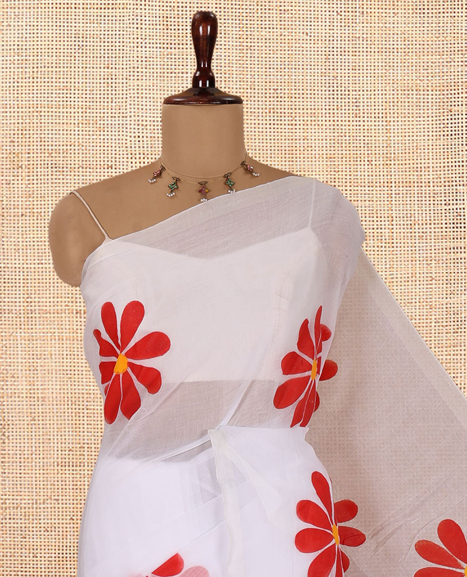 Borderless White-Red Daisy Flower Printed Khadi Mul Cotton Saree Without Blouse