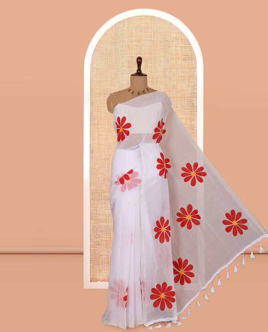 Borderless White-Red Daisy Flower Printed Khadi Mul Cotton Saree Without Blouse