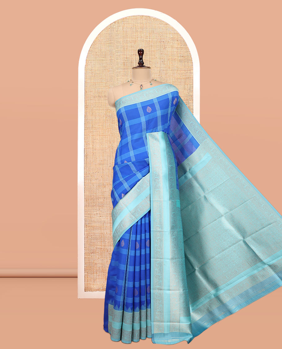 Blue Art Kanchi Silk Saree Features Butta Enclosed Checks, a Contrast Temple Rettai Pettu Border, Grand Pallu, and a Contrast Blouse