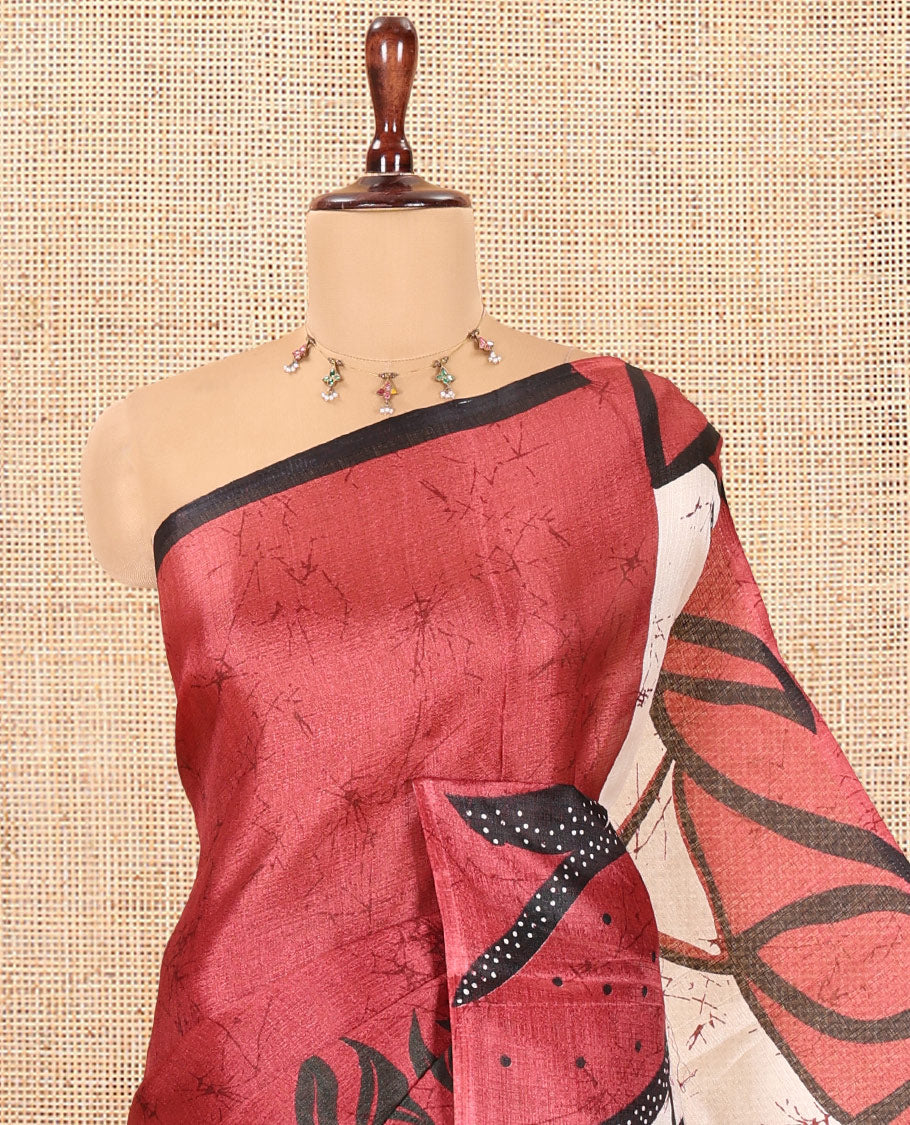 Dusky Pink Batik-Style Floral Printed Art Khadi Cotton Saree, a Contrast Border, and a Matching Blouse