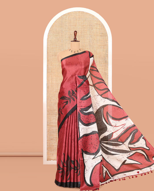 Dusky Pink Batik-Style Floral Printed Art Khadi Cotton Saree, a Contrast Border, and a Matching Blouse