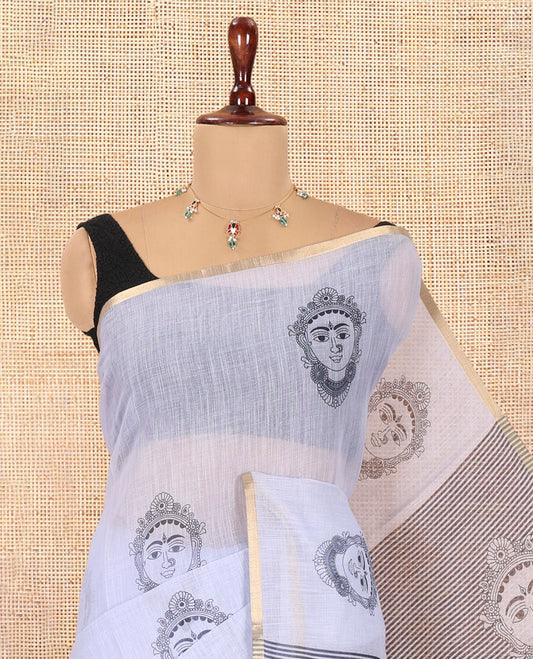 Borderless Lavender Linen Cotton Saree Showcasing Face Print, Contrast Pallu of Chevron Stripes and Face Print, a Contrast Blouse