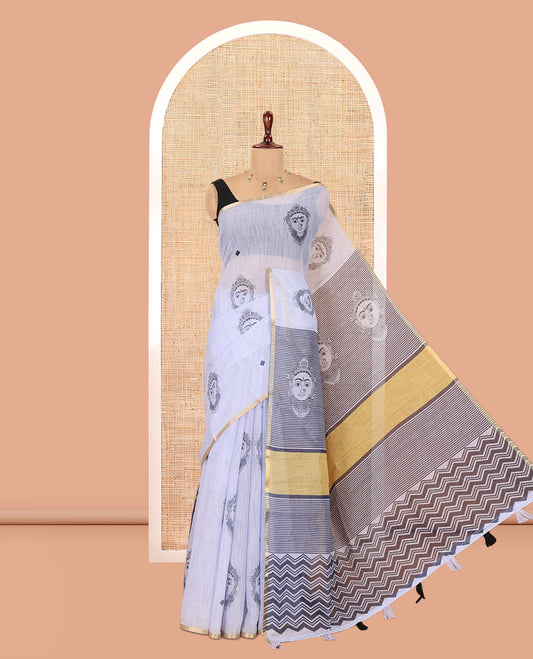Borderless Lavender Linen Cotton Saree Showcasing Face Print, Contrast Pallu of Chevron Stripes and Face Print, a Contrast Blouse