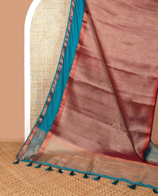 Brown kicha tissue saree with contrast zari bentex border & zari pallu along with contrast blouse