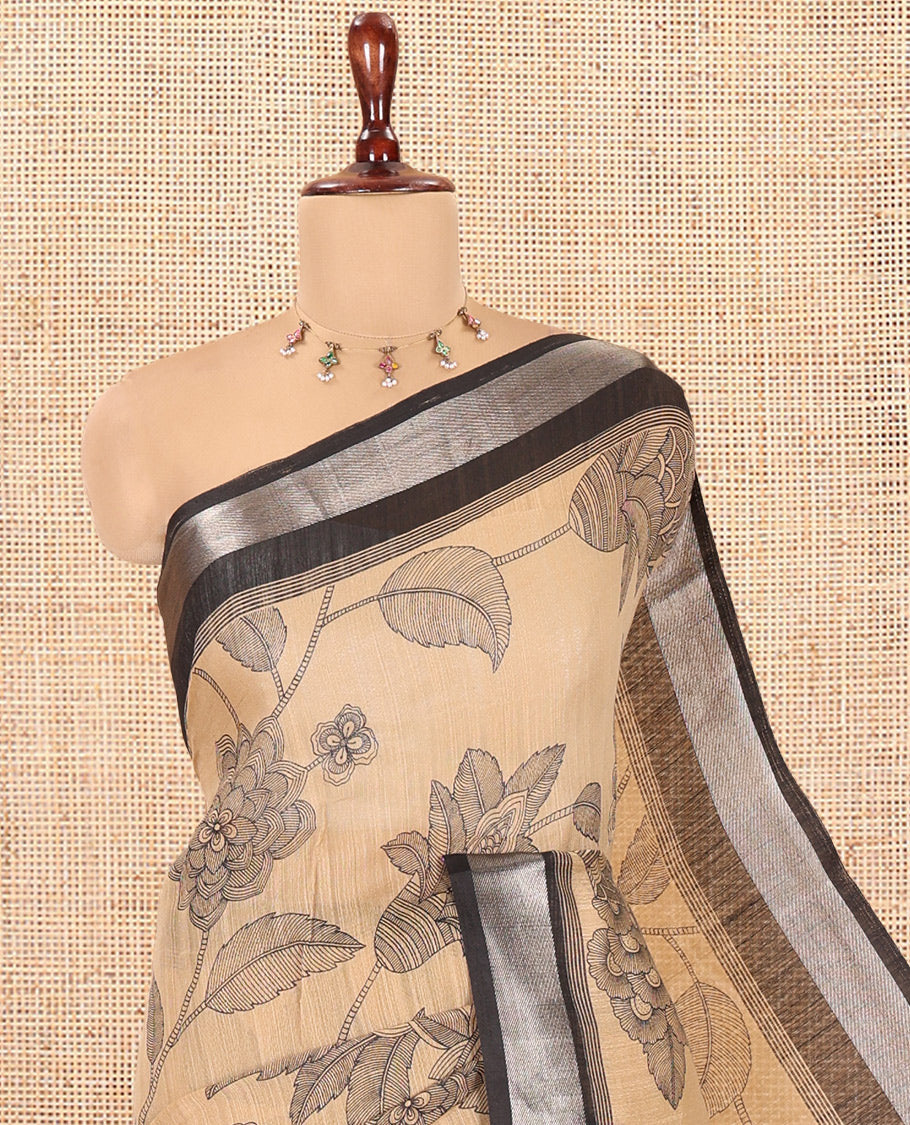 Chikku Jute Linen Saree, Elevated with Floral Vine Print, a Contrast Zari Border, Geometric Printed Pallu, and a Contrast Blouse