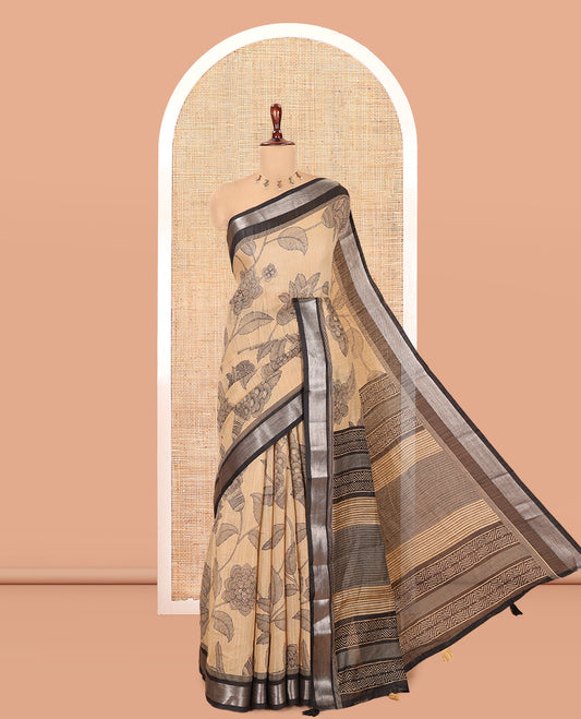 Chikku Jute Linen Saree, Elevated with Floral Vine Print, a Contrast Zari Border, Geometric Printed Pallu, and a Contrast Blouse