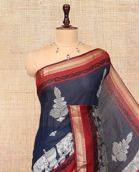 Navy Blue Chanderi Cotton Saree, Accentuated with Kalamkari Print, a Contrast Zari Border, Kalamkari Pallu, a Contrast Blouse