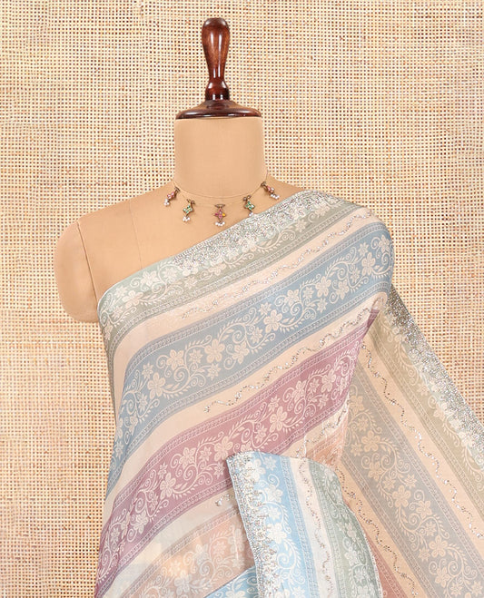 Blue Fendi Chiffon Saree, Dazzled with Multi-Color Floral Stripes and Glitterwork, a Stonework Border, a Matching Blouse