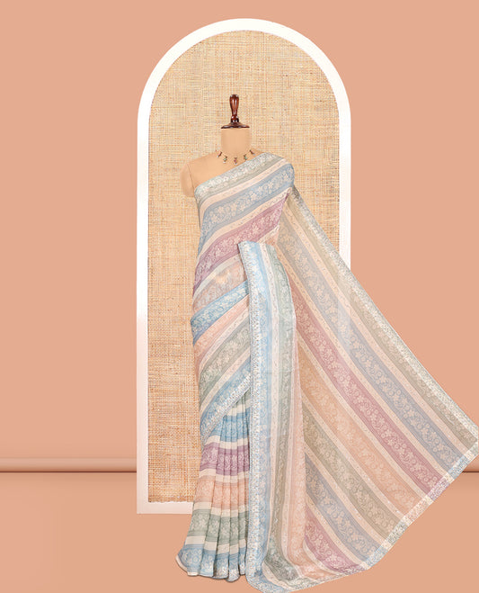 Blue Fendi Chiffon Saree, Dazzled with Multi-Color Floral Stripes and Glitterwork, a Stonework Border, a Matching Blouse