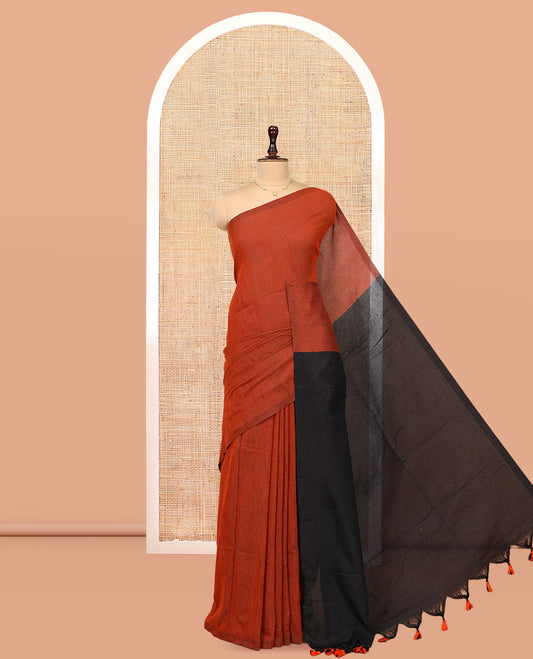 Borderless Rust Orange Plain Design Khadi Cotton Saree