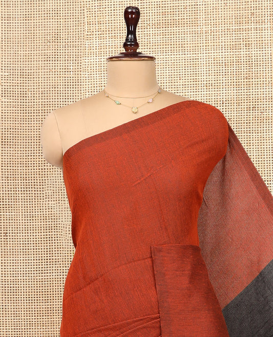 Borderless Rust Orange Plain Design Khadi Cotton Saree