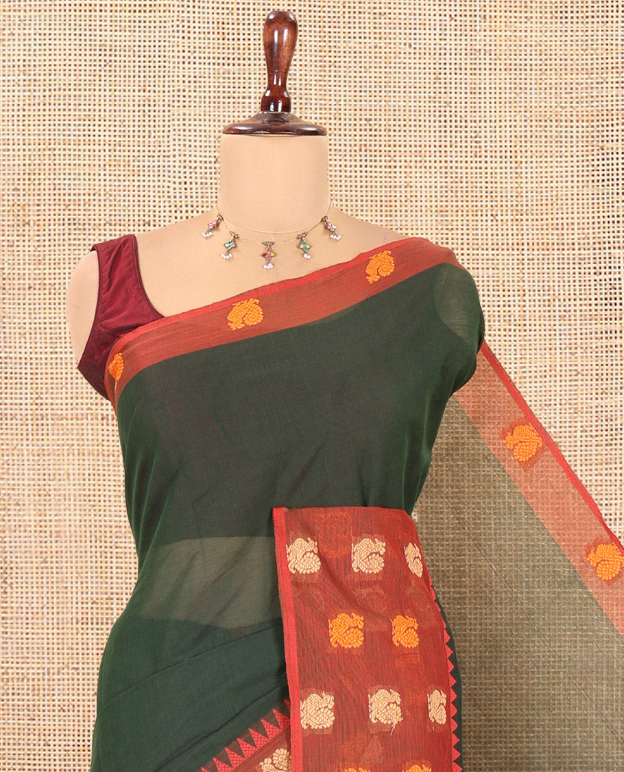 Bottle Green Plain Chettinad Cotton Saree