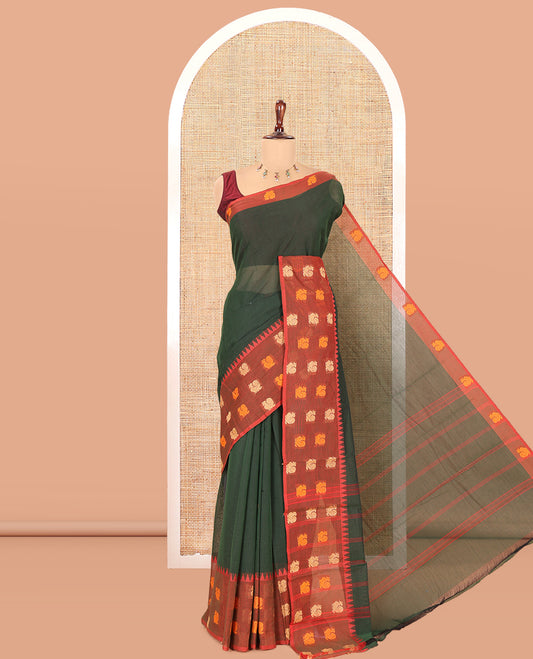 Bottle Green Plain Chettinad Cotton Saree