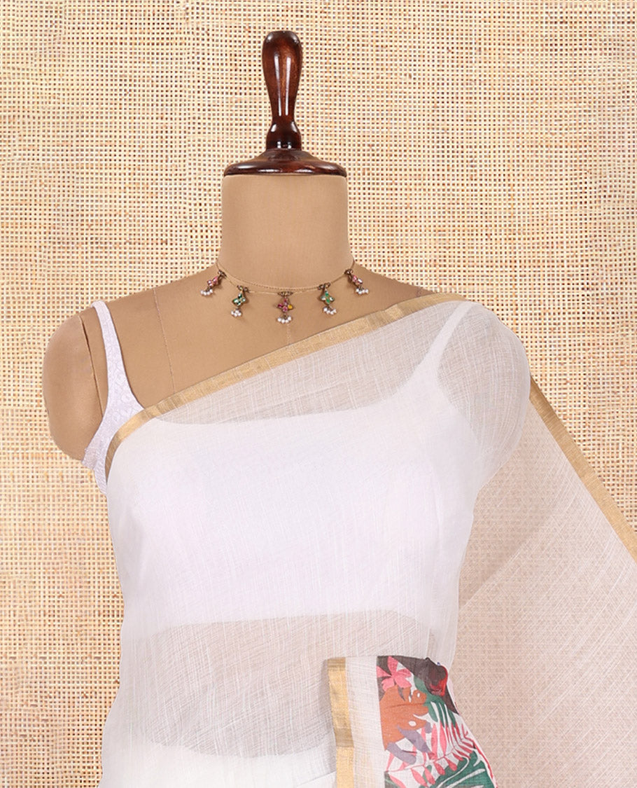 White Plain Linen Cotton Saree