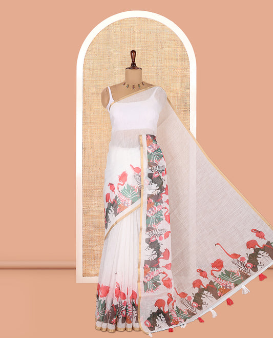 White Plain Linen Cotton Saree