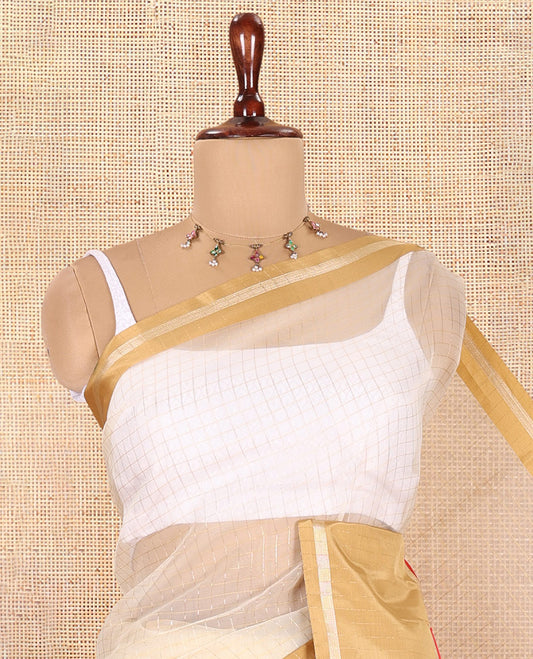 Cream-Red Semi-Organza Saree