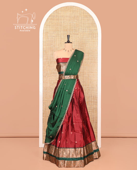 Red-Green Semi-Banarasi Half-Saree Featuring Buttas Skirt, Contrast Traditional Border, Matching Blouse, and Embroidered Satin Georgette Dhavani