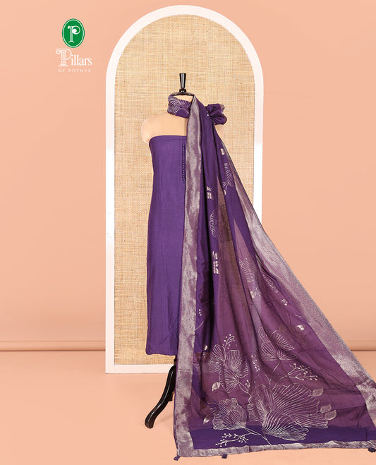 Violet Semi-Silk Material Chudidar Set, Adorned with Pom-Pom Necklined Top, a Plain Santoon Bottom, and Paired Floral Zari Woven Semi-Silk Dupatta