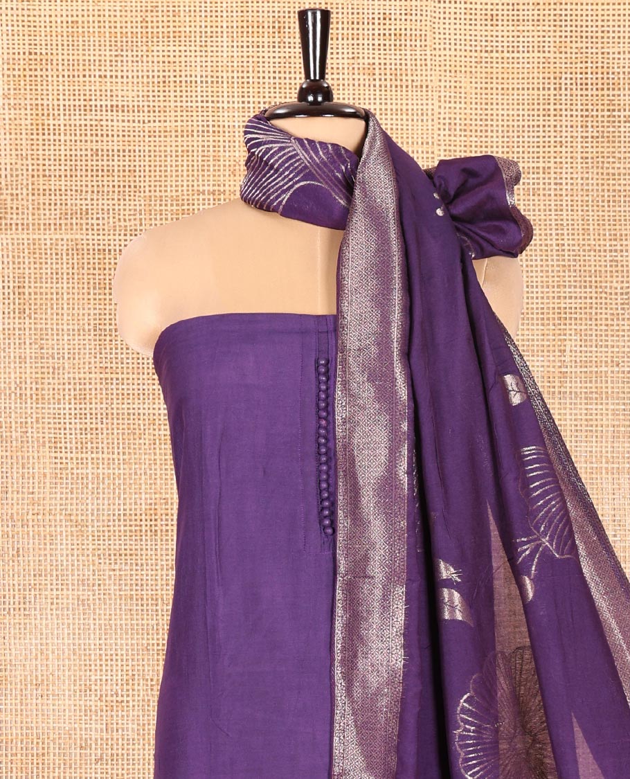 Violet Semi-Silk Material Chudidar Set, Adorned with Pom-Pom Necklined Top, a Plain Santoon Bottom, and Paired Floral Zari Woven Semi-Silk Dupatta
