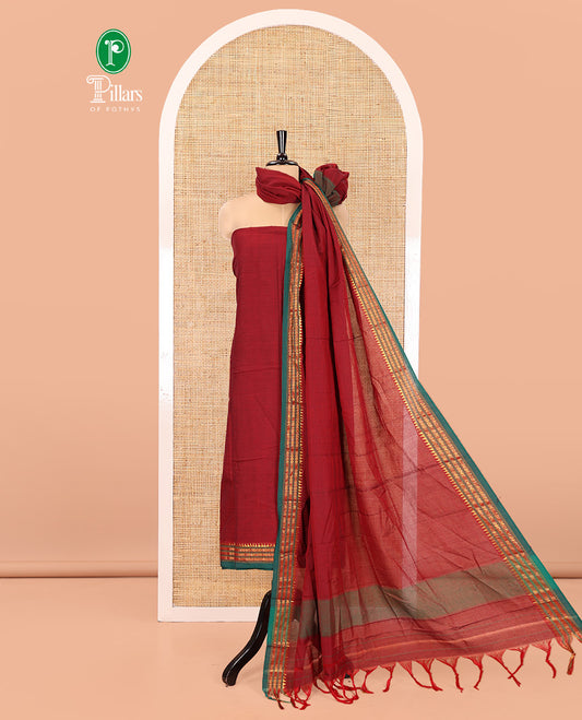 Maroon Mercerised Cotton Chudidar Set with Rudraksham Temple Border Top, Matching Cotton Bottom, and Coordinated Dupatta with Elegant Rudraksham Temple Border