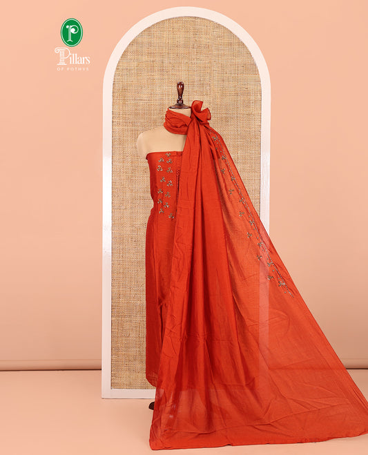 Rust Vichitra Silk Material Chudidar Set Features a Bead-Sequin Embroidered Top, a Santoon Bottom, and an Embroidered Dupatta