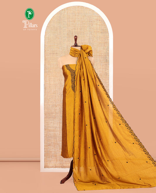 Mustard Vichitra Silk Material Chudidar Set, Finely Crafted with Thread Embroidery Top, Matching Bottom, and Thread Work Dupatta