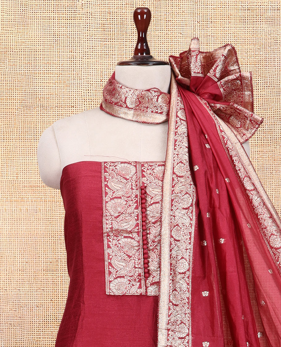 Onion Pink Material Churidar Set Features Gold Zari Neck Work Top, a Plain Santoon Bottom, a Banarasi Dupatta