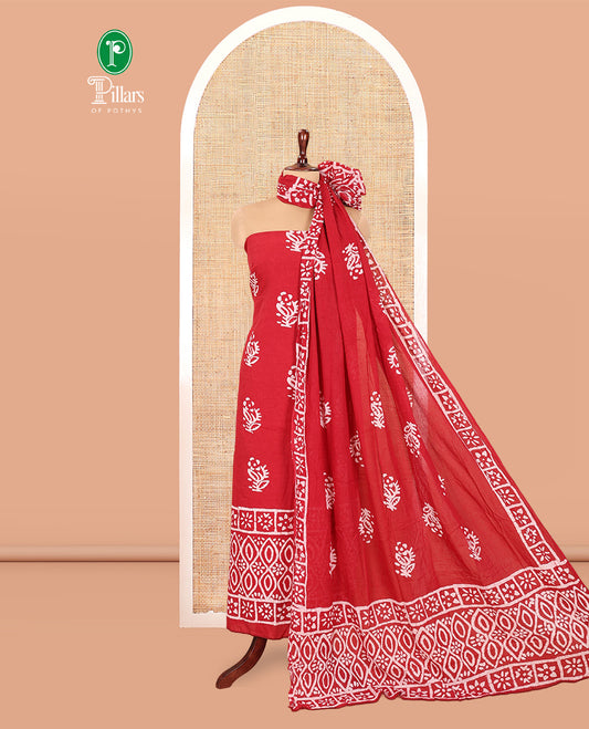 Maroon Cotton Material Chudidar, Batik Printed Top, a Matching Bottom, and Batik Print Dupatta
