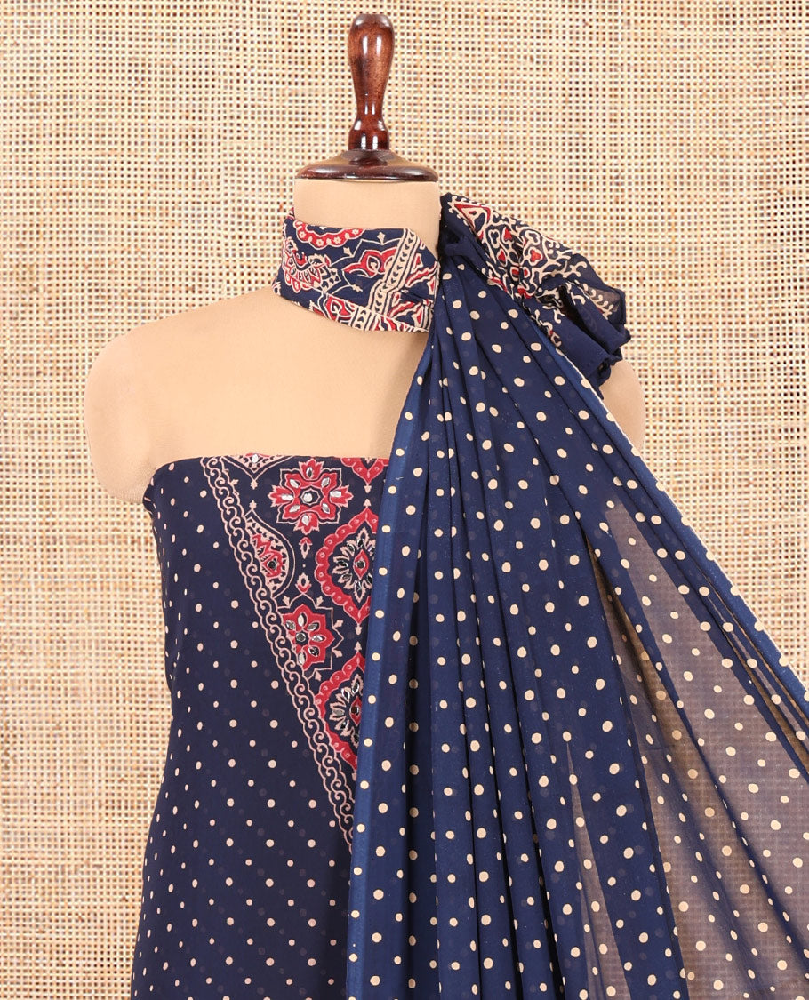 Navy Blue Georgette Material Churidar Set, Polka Dot and Ajrakh Neck Work Top, a Matching Bottom, and Ajrakh Printed Dupatta