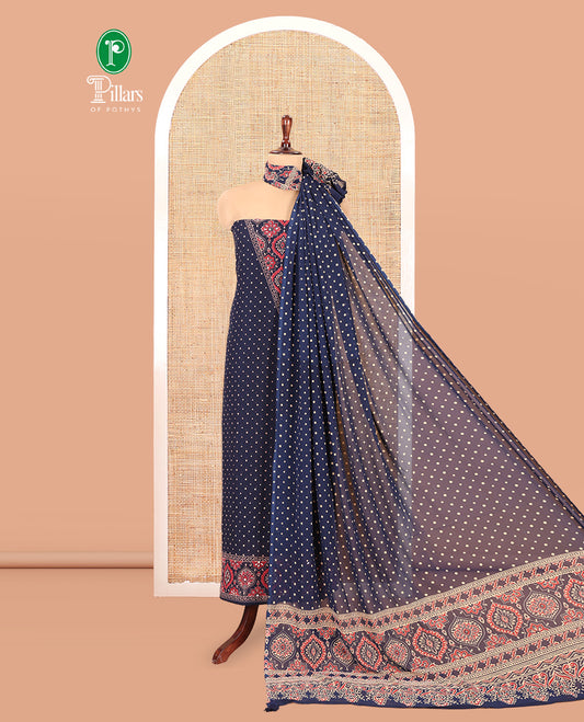 Navy Blue Georgette Material Churidar Set, Polka Dot and Ajrakh Neck Work Top, a Matching Bottom, and Ajrakh Printed Dupatta