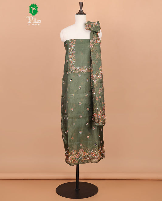 Mehendi green floral print, stone, mirror work organza chudidhar material top with santoon material pant & floral print, mirror work dupatta