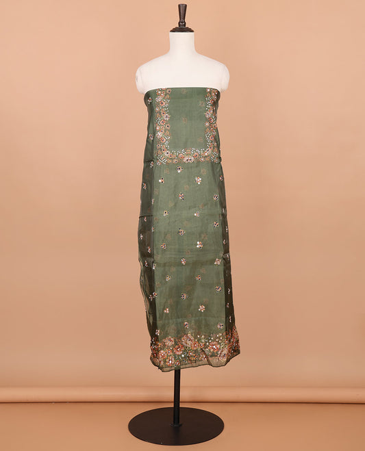Mehendi green floral print, stone, mirror work organza chudidhar material top with santoon material pant & floral print, mirror work dupatta