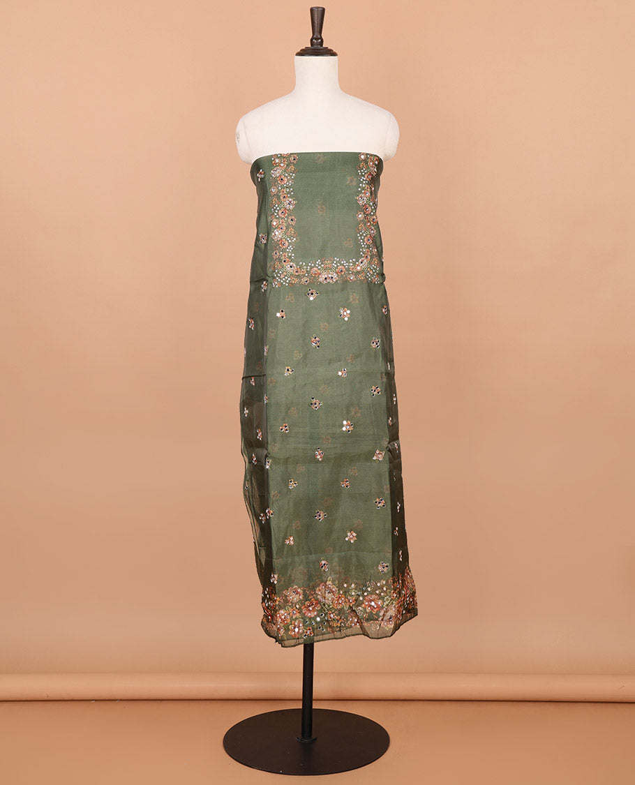Mehendi green floral print, stone, mirror work organza chudidhar material top with santoon material pant & floral print, mirror work dupatta