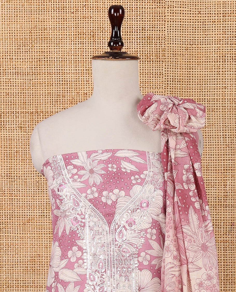 Pink cotton chudidar material set,floral print & neck sequin embroidery top,stripes printed bottom & floral printed dupatta