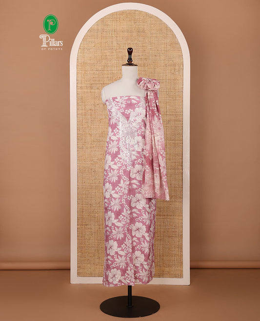 Pink cotton chudidar material set,floral print & neck sequin embroidery top,stripes printed bottom & floral printed dupatta