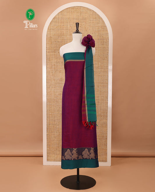 Magenta mercerised cotton material chudidar set, Madhubani-style bride-groom motif woven top, bottom & dupatta