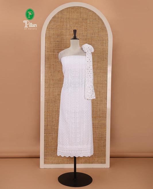 White material chudidar set,  floral, paisley & geometric schiffli embroidered georgette top & orginal mirror embroidered georgette dupatta