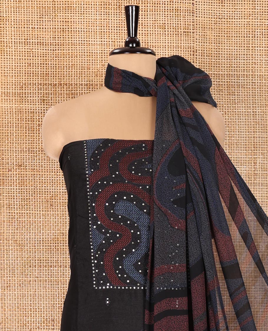 Black and Blue Material Chudidhar Set Adorned with Patch Neck and Sequins Embroidered Vichitra Silk Top, Plain Santoon Bottom, and Vichitra Silk Abstract Printed Dupatta