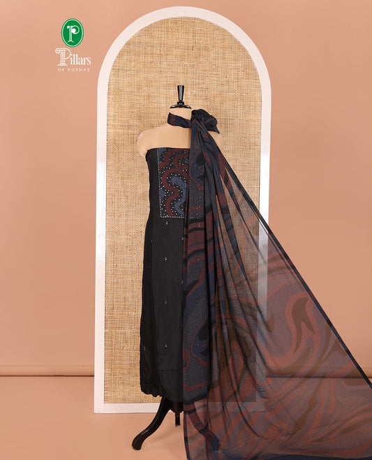 Black and Blue Material Chudidhar Set Adorned with Patch Neck and Sequins Embroidered Vichitra Silk Top, Plain Santoon Bottom, and Vichitra Silk Abstract Printed Dupatta