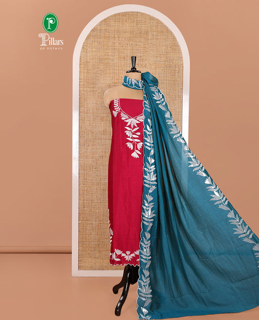 Magenta Material Churidar Set, Detailed with Floral Motifs Sequins-Thread Embroidered on Its Vichitra Silk Top, Comes with a Contrast Santoon Bottom, and Paired with a Vichitra Silk Floral Embroidered Scallop Dupatta