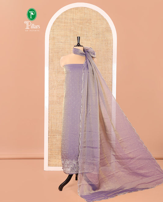 Lavender Moss Organza Material Churidar Set, Spotlighted with Floral Embroidery and Stone Struck on Its Top, a Plain Santoon Bottom, and Paired with a Moss Organza Stone Work Scallop Dupatta