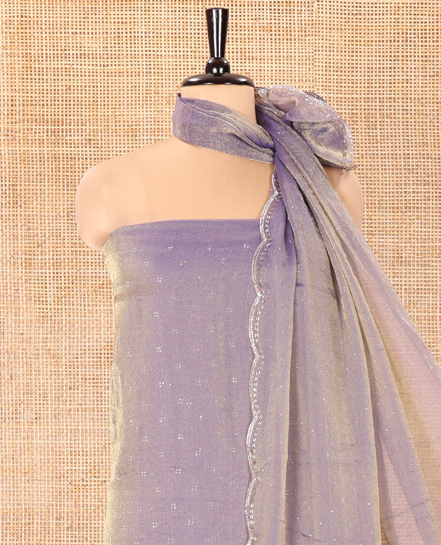 Lavender Moss Organza Material Churidar Set, Spotlighted with Floral Embroidery and Stone Struck on Its Top, a Plain Santoon Bottom, and Paired with a Moss Organza Stone Work Scallop Dupatta