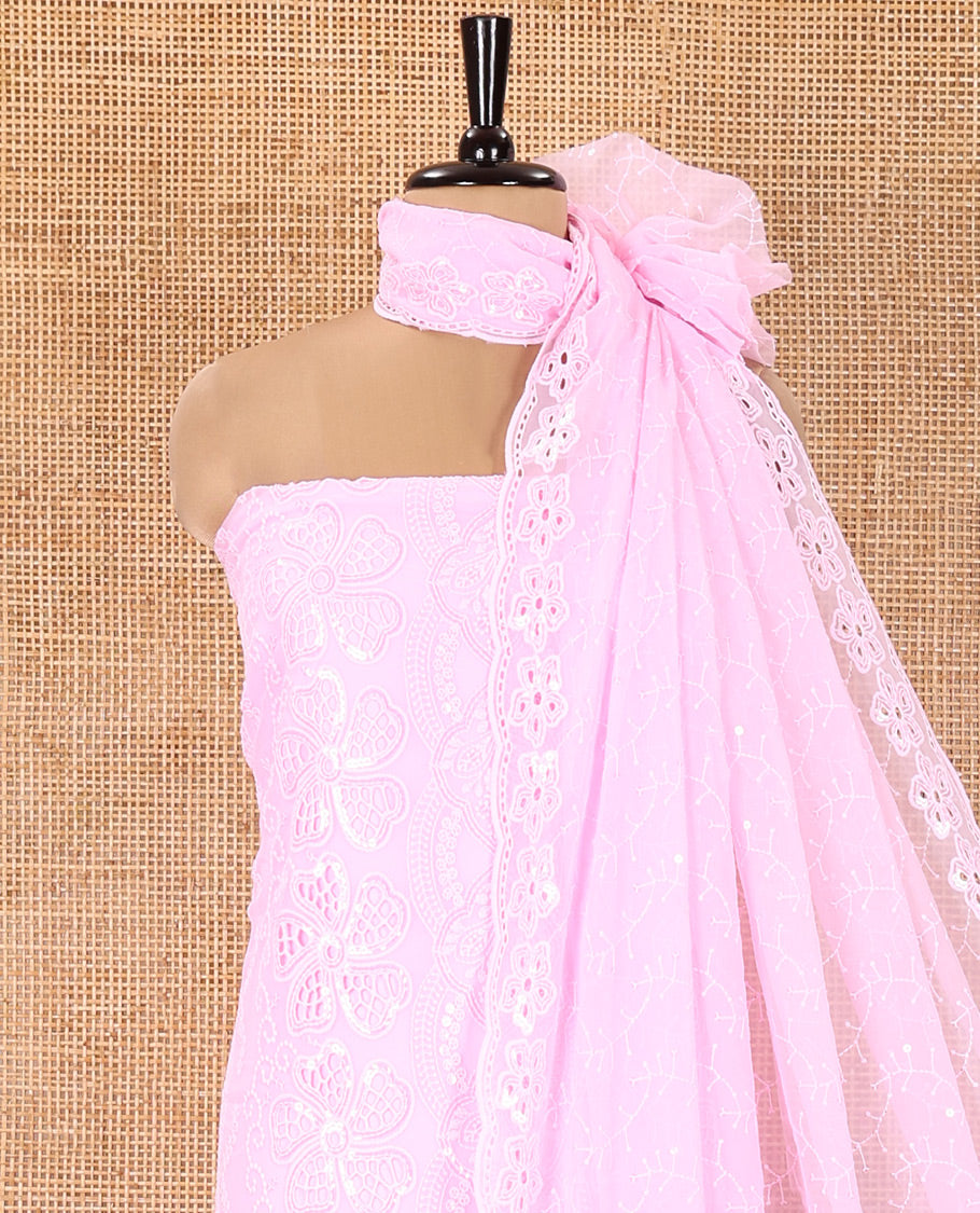 Pink Fox Georgette Material Chudidar Set, Adorned with Cut Work and Sequins Embroidered Top, a Plain American Crepe Bottom, and Comes with a  Embroidered Georgette Scallop Dupatta