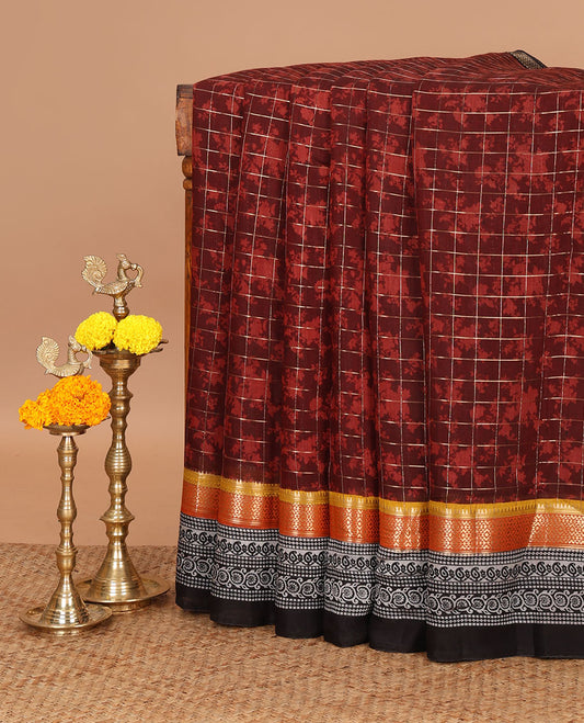 Maroon checked & floral printed chanderi cotton saree, contrast zari & block printed border of diamond, bentex, floral creeper & paisley design along with zari striped pallu