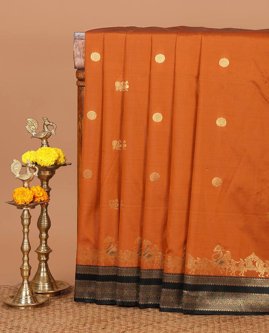 Rust mayil chakra & wedding-themed motifs semi-soft silksaree,contrast ganga jamuna rettai pettu traditional border & grand pallu