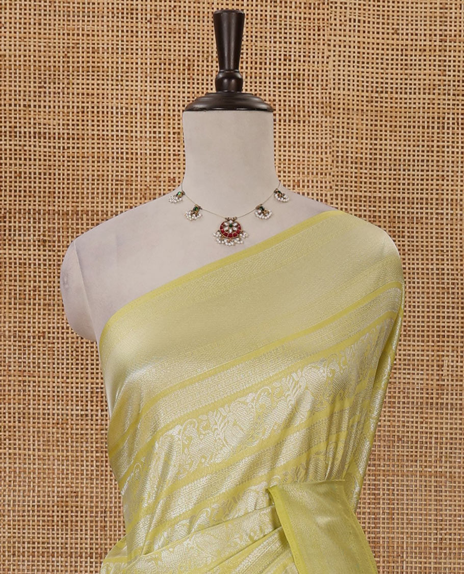 Apple green mayil & yaali zari jacquard softy saree, traditional zari border, intricate pallu & matching zari design blouse
