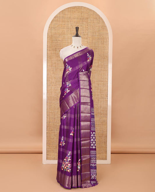 Purple zari striped & floral digital printed fancy tussar silk saree traditional zari border, geometric printed pallu & discharge printed blouse
