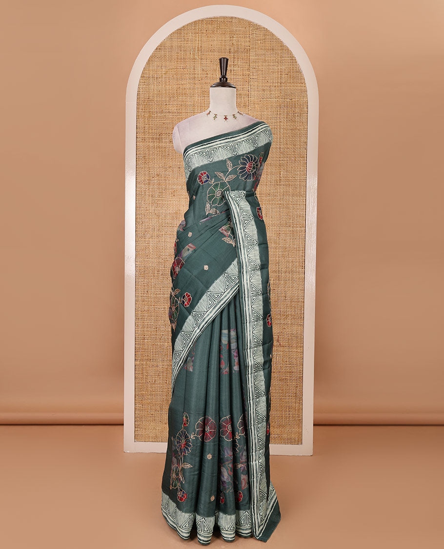 Rose green floral print & multi-color floral thread embroidered fancy tussar silk saree, triangle motif print & embroidered border & matching blouse of print & embroidery