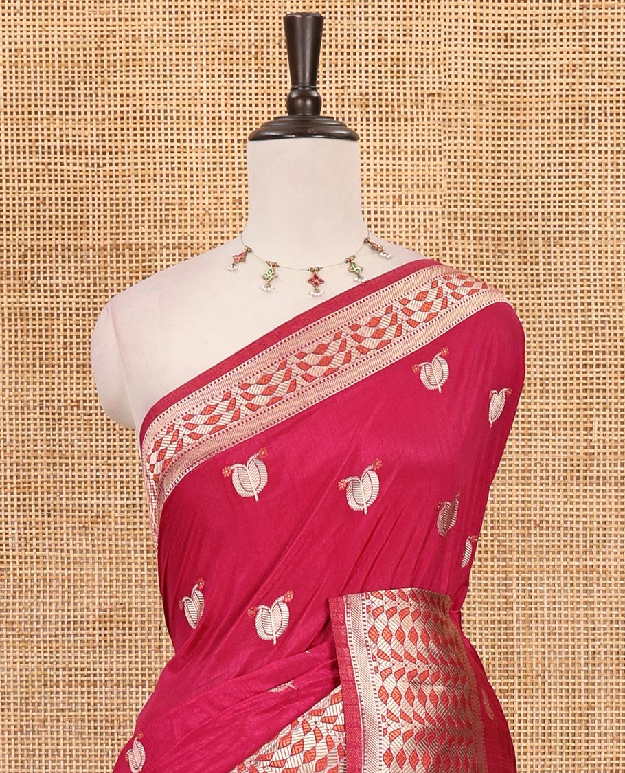 Rani pink leaf zari buttas dola silk saree, geometric patterned zari border, pallu of geometric pattern & diagonal stripes & plain blouse